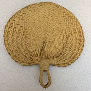 Vintage Hand Held Woven Palm Leaf Large Fan 13 Inch Wide